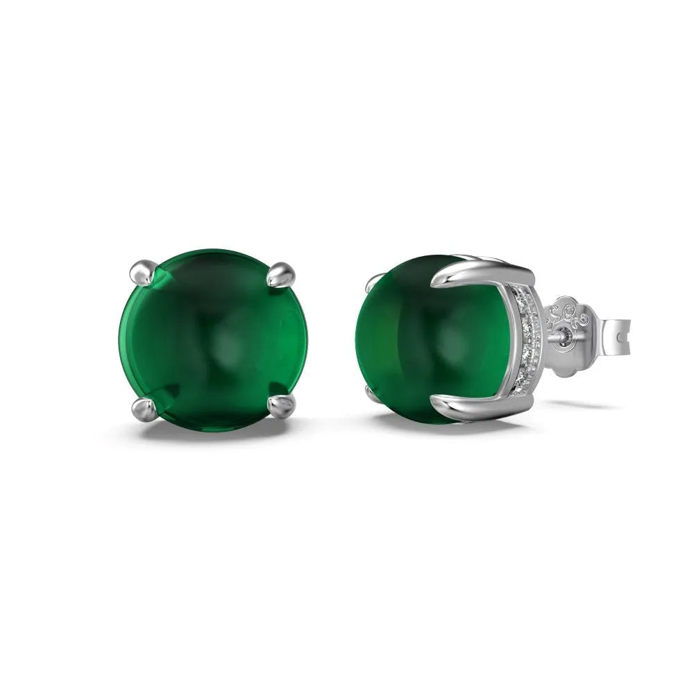 S925 sterling silver green chalcedony stud earrings with platinum electroplating and geometric round shape