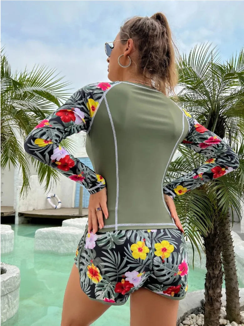 Women's long-sleeved conservative swimsuit in nylon fabric with triangle pants available in multiple colours