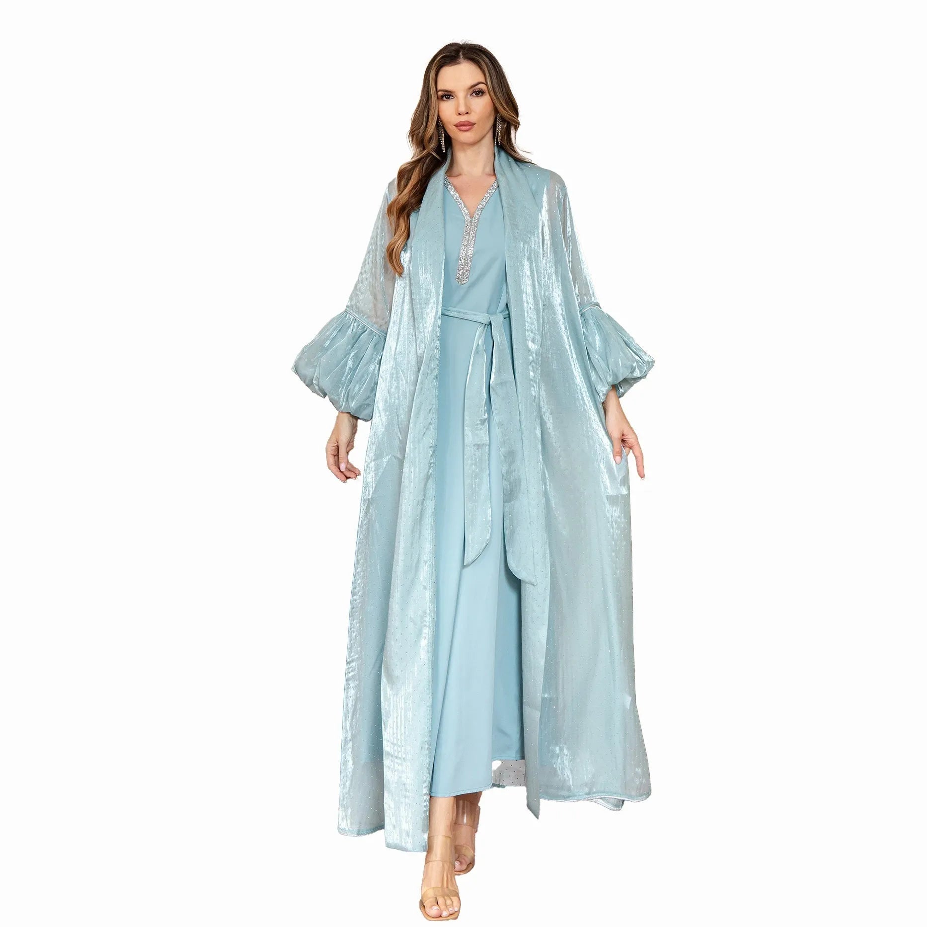 Blue Arabic style two-piece evening dress with rhinestone detail and long sleeves
