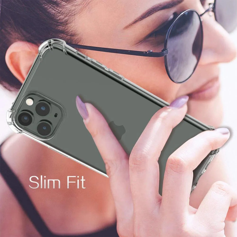 Clear transparent shockproof TPU phone case for Apple iPhone models on a white background.