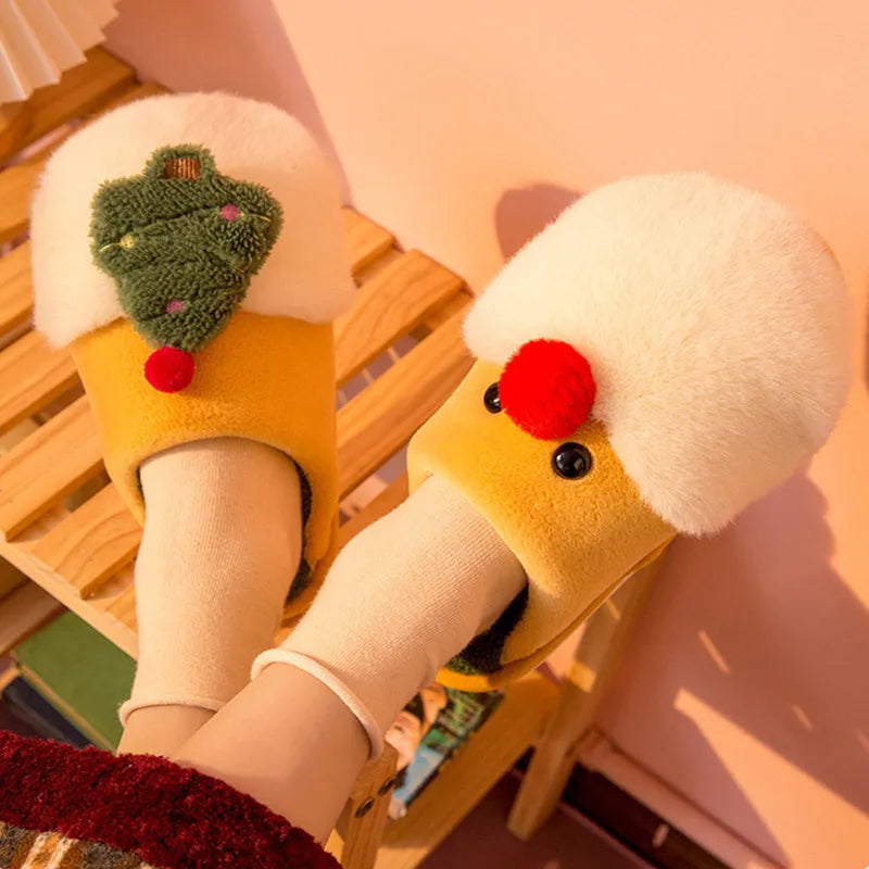 Christmas plush slippers for women with Santa Claus and Christmas tree design, warm non-slip house shoes in red, yellow, or blue.
