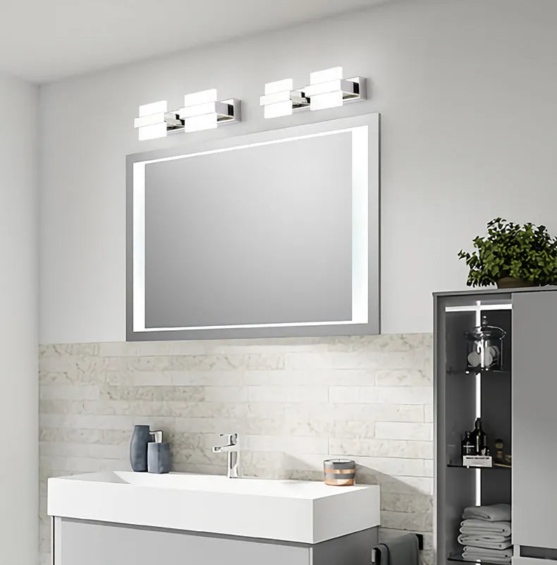 Stainless steel moistureproof mirror front lamp with LED neutral light, shown in 12cm to 68cm sizes with 1 to 4 heads.