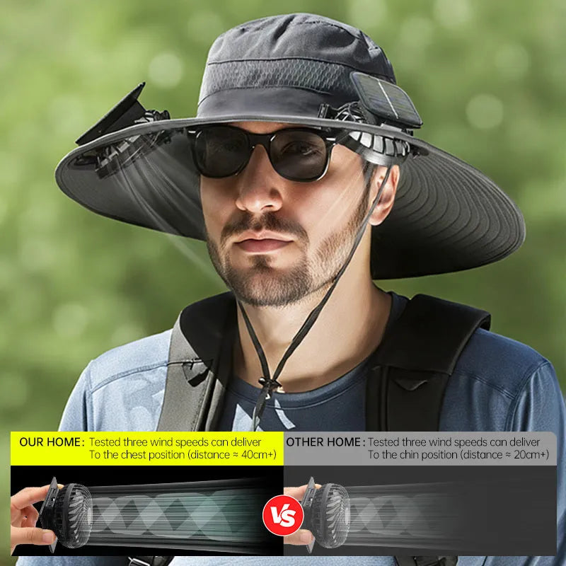 Solar-powered fan hat for men's outdoor fishing with USB charging port and adjustable brim