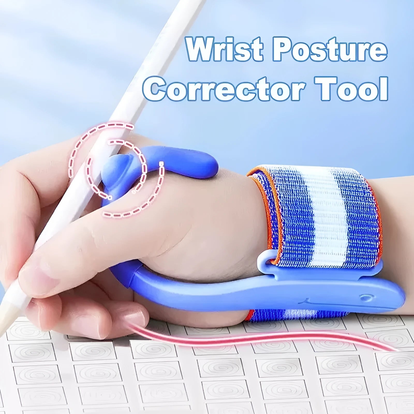 Blue anti-hook wrist brace corrector for handwriting posture and pencil grip training