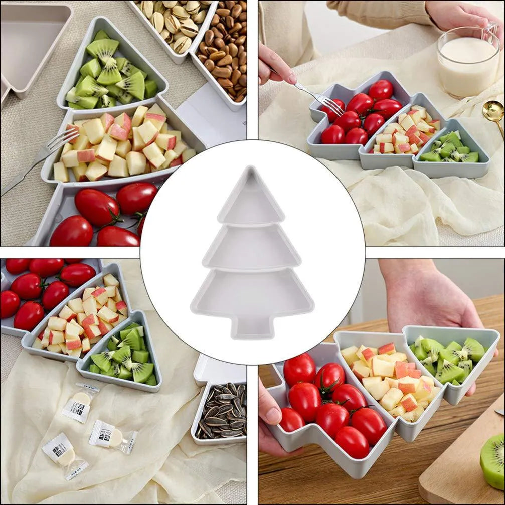 Christmas tree shaped plastic fruit platter and divided snack tray, 25.5 x 18.5cm, in blue, grey, pink or white.