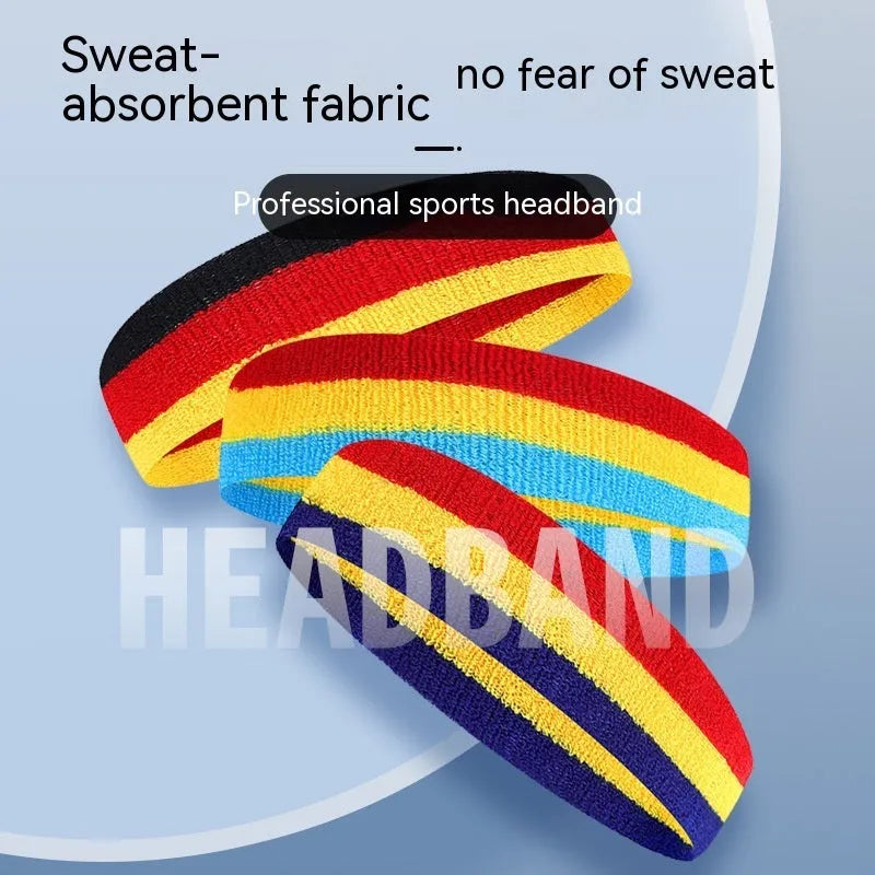 Colourful sports headband for adults in multicolour combinations, shown with 5.5x20 cm dimensions.