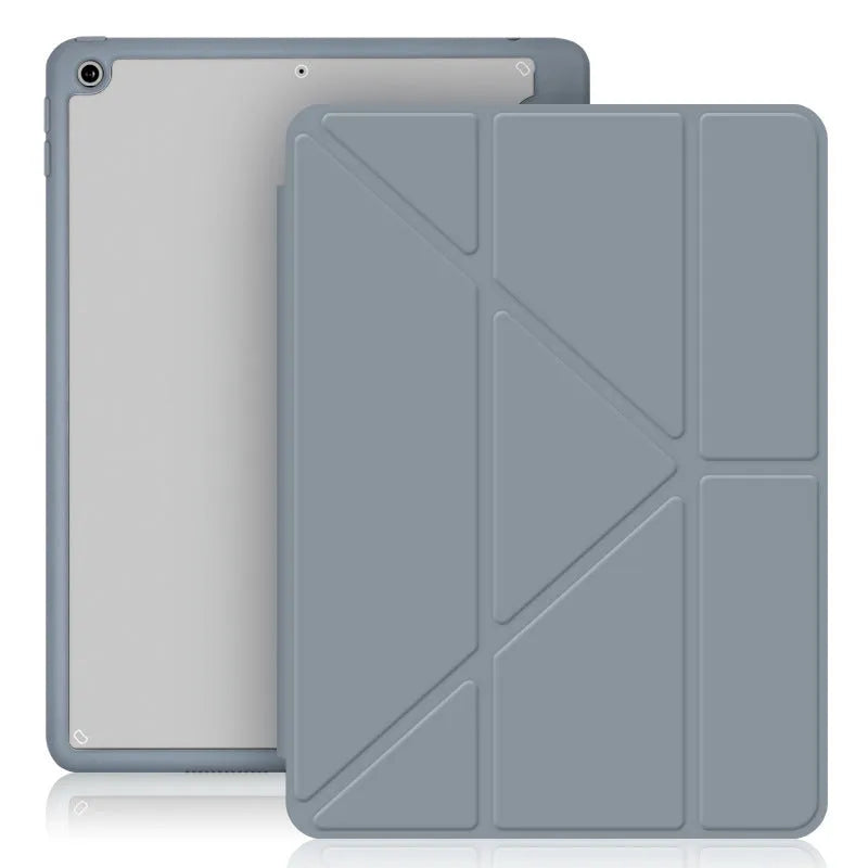 iPad protective case with Y-shaped folding bracket stand and Apple Pencil storage slot in imitation leather