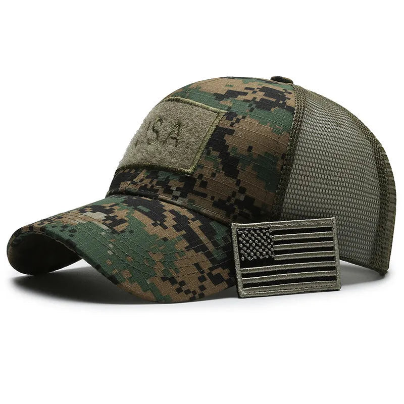 Tactical camouflage baseball cap with dome crown and adjustable Velcro closure