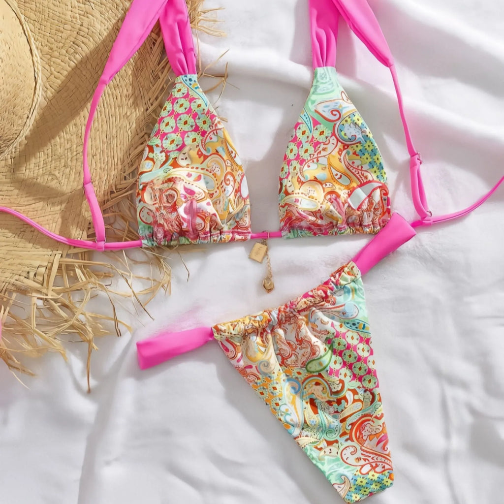 Floral print two-piece bikini set with polyester lining, backless briefs style, sizes XS to XL