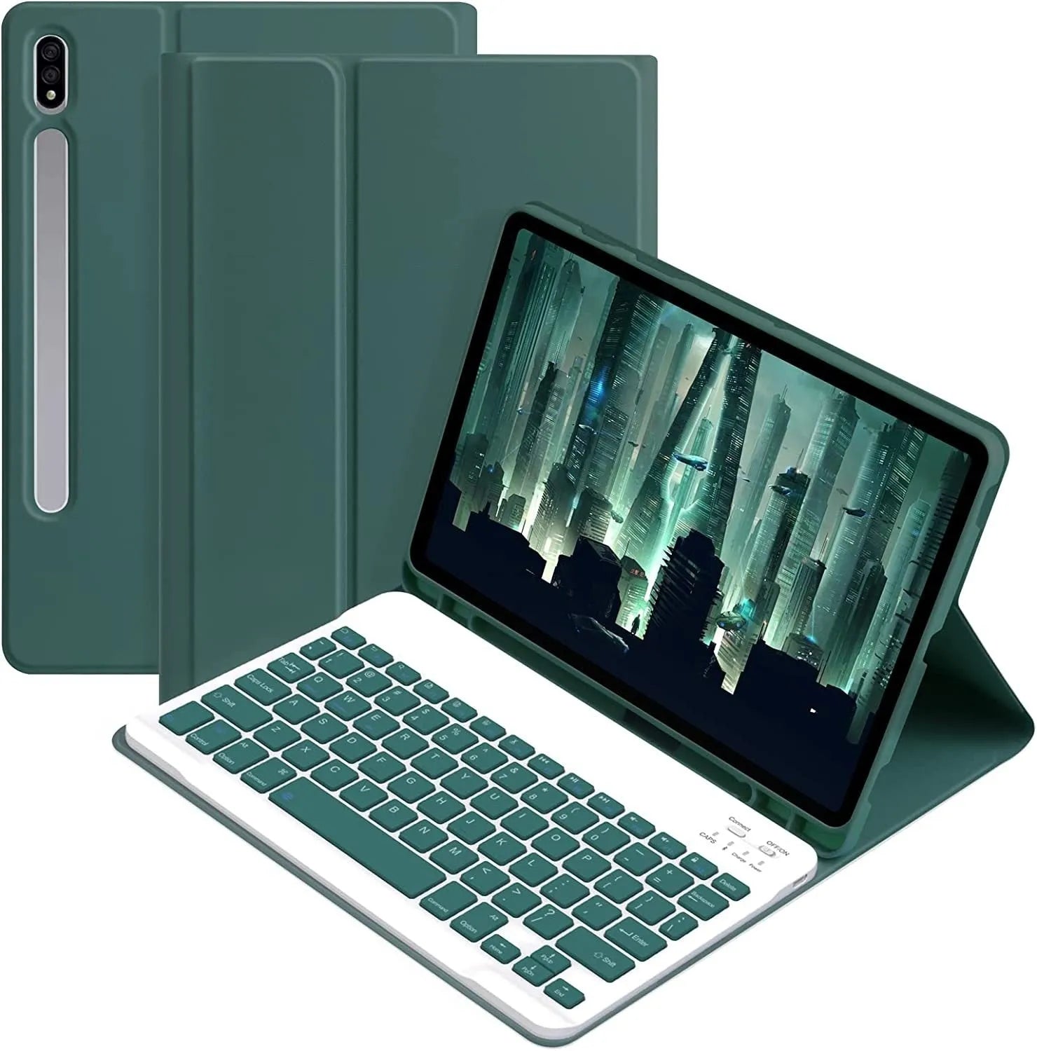 Samsung Galaxy tablet in a matte TPU protective case with a detached Bluetooth keyboard and charging mouse