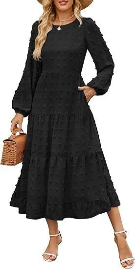 Beige casual long sleeve dress with ruffled sleeves and a high waist on a hanger