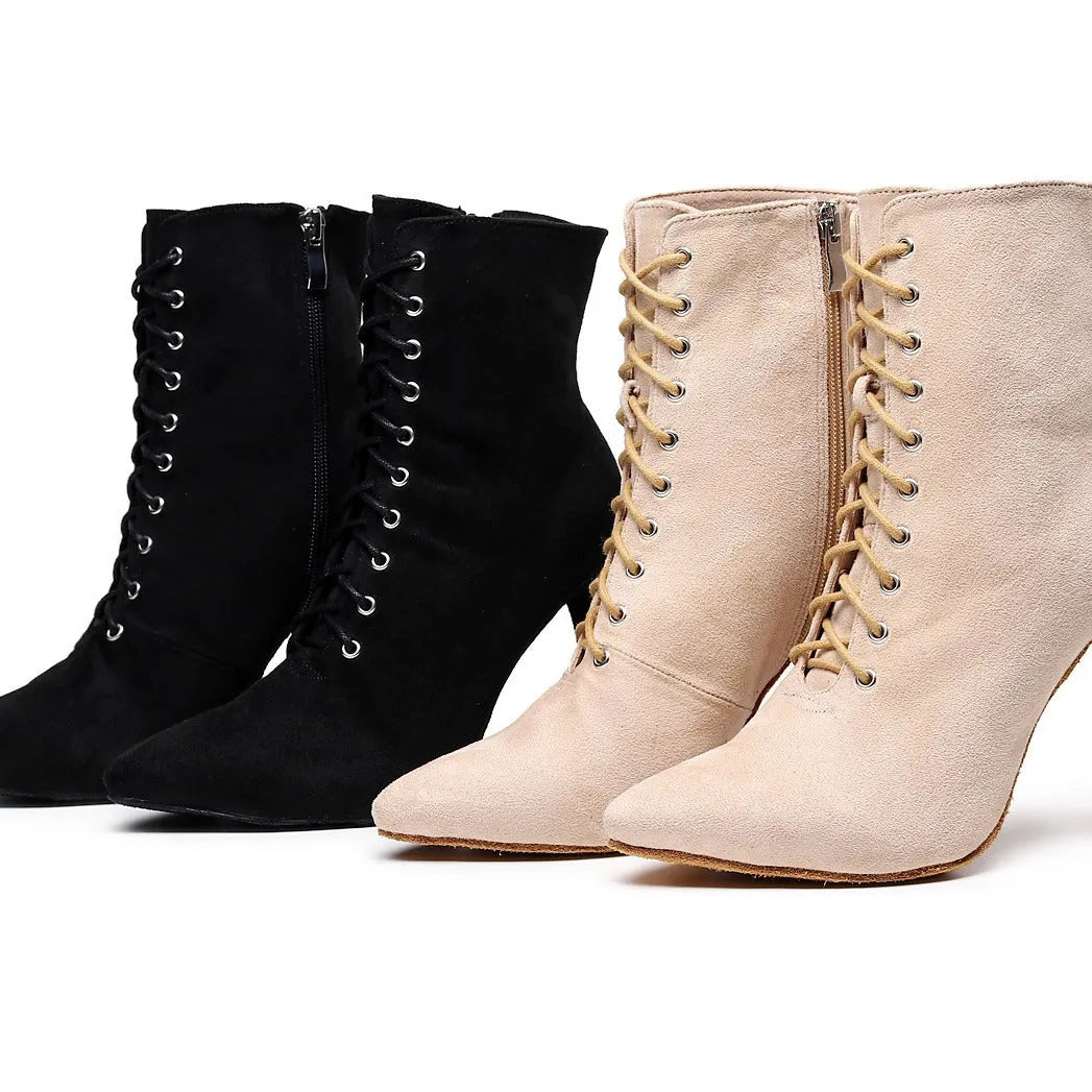 Pair of women's lace-up dance heels with mesh upper and leather sole, shown in black and skin colour, sizes 34-43
