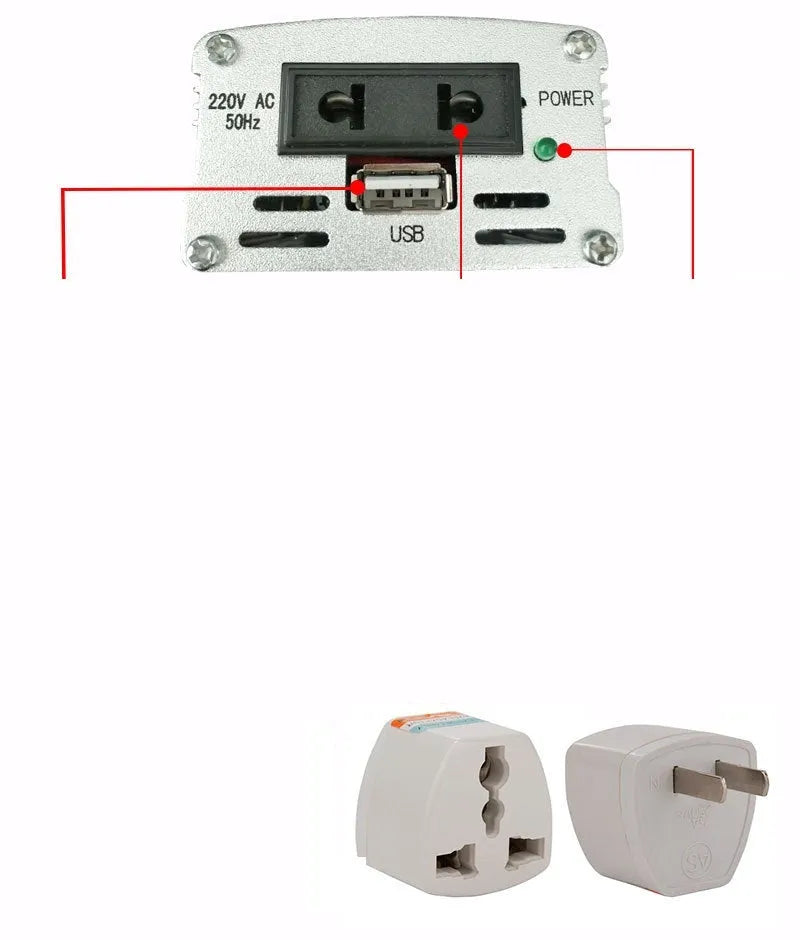 Silver 200W car inverter with USB port, 12V plug, and die-cast aluminium casing