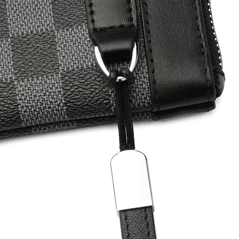 Black plaid pattern genuine cowhide leather men's wallet showing 20x10 cm dimensions