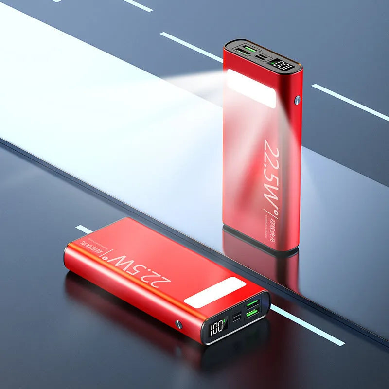 Alloy shell power bank with LCD display showing battery percentage in black, blue, green, or red colour options