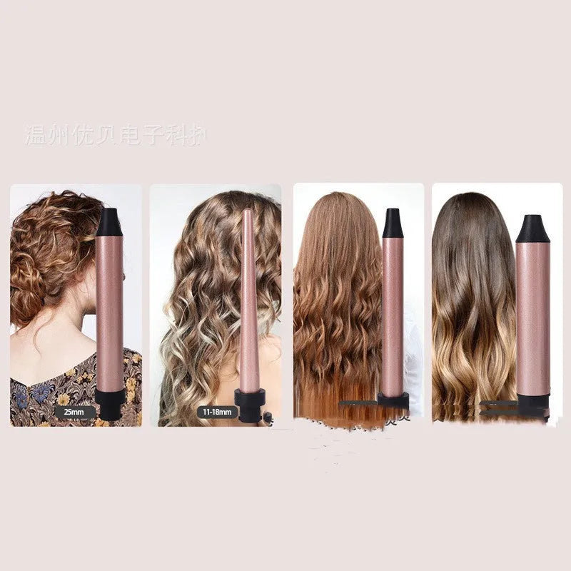 Black 5-in-1 hair curling iron with titanium gold coated adjustable barrel and UK plug
