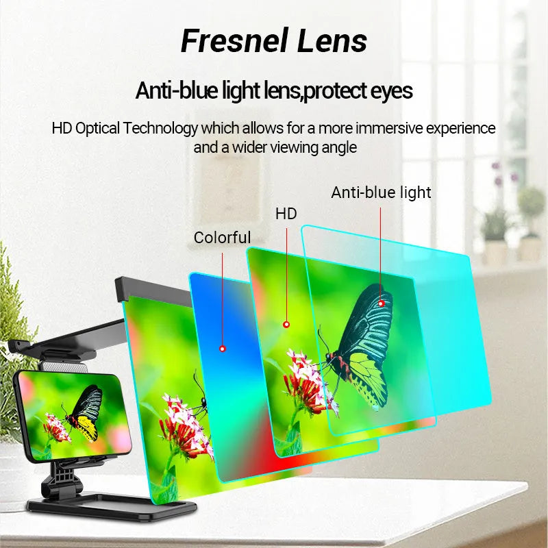 Black folding mobile phone screen magnifier with detachable holder next to an iPhone