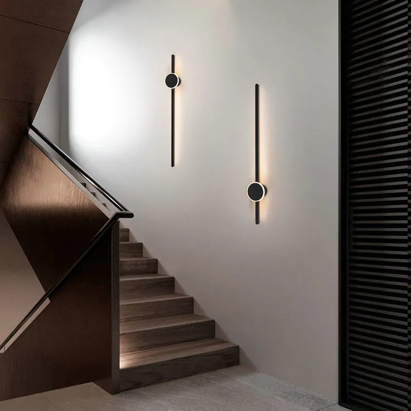 Modern black and white strip wall lamp with acrylic shade and three-colour LED lighting