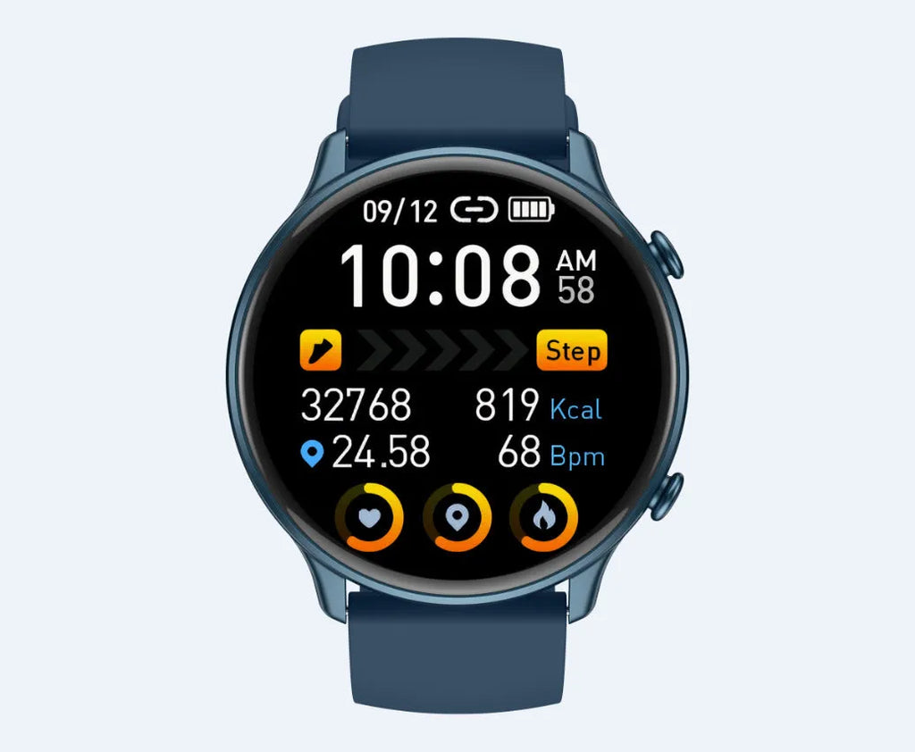 Round touch screen smart sports watch with silicone strap showing heart rate display