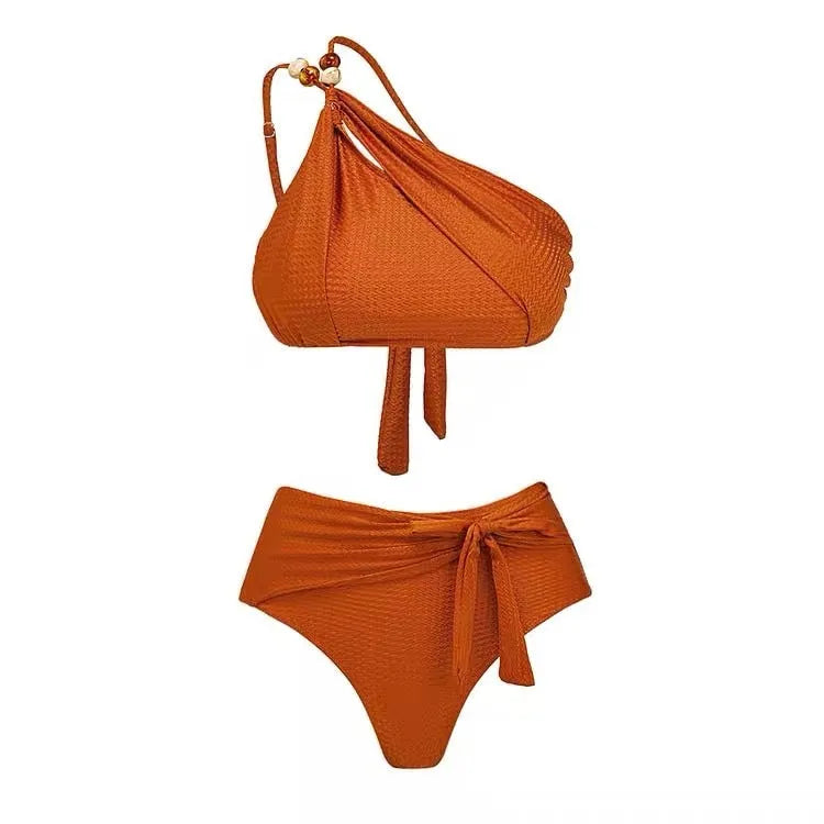 Y305 brown high waist push up bikini swimsuit for women laid flat