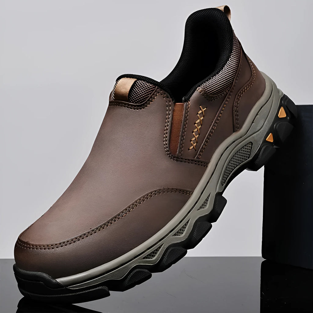 Men's dark brown casual leather-look shoes with round toe and flat rubber sole