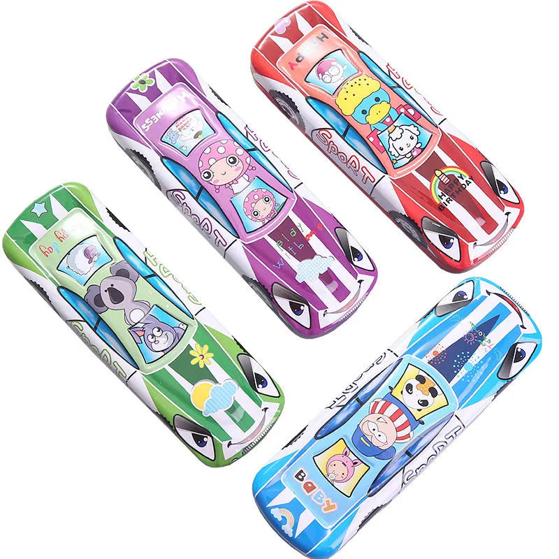 Metal tinplate double-layer stationery box in racing car shape with cartoon pattern, dimensions 20x6.5x3 cm
