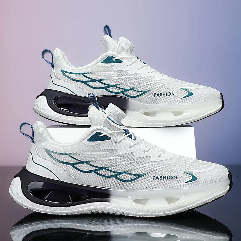 Men's low-top casual sneaker with a rotating button closure, shown in light blue, black, and white/blue colour options.