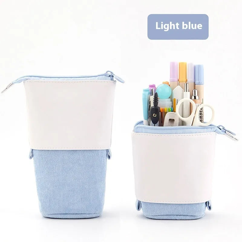 Corduroy telescopic stationery case shown expanded and collapsed in multiple colour options.