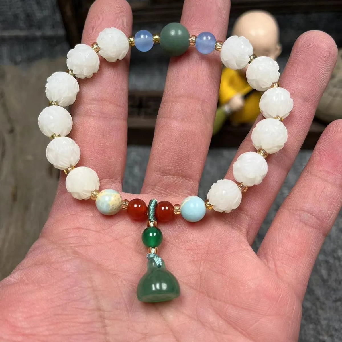 Hand-carved pumpkin lotus beads bracelet in white jade and bodhi root with multiple bead sizes
