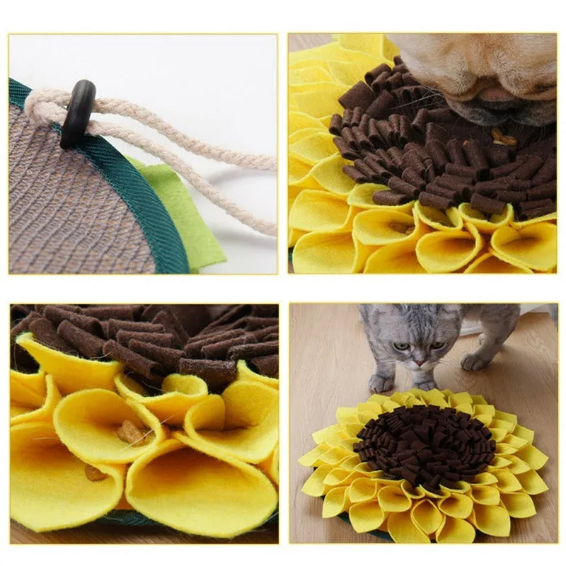 Yellow sunflower-shaped dog snuffle mat with rope and buckle for slow feeding and nosework training.