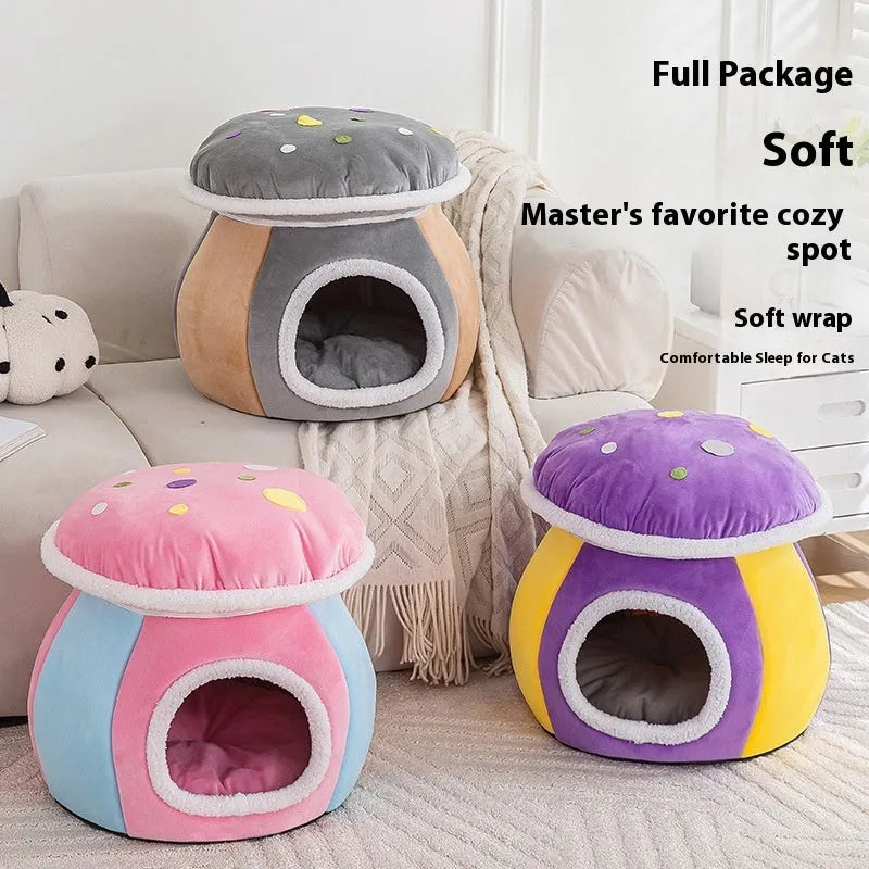 Grey mushroom-shaped plush cat nest with a detachable blanket on a wooden floor.