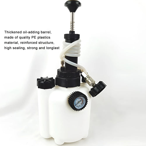 White 3-litre brake oil tank replacement tool with copper, iron and plastic components.