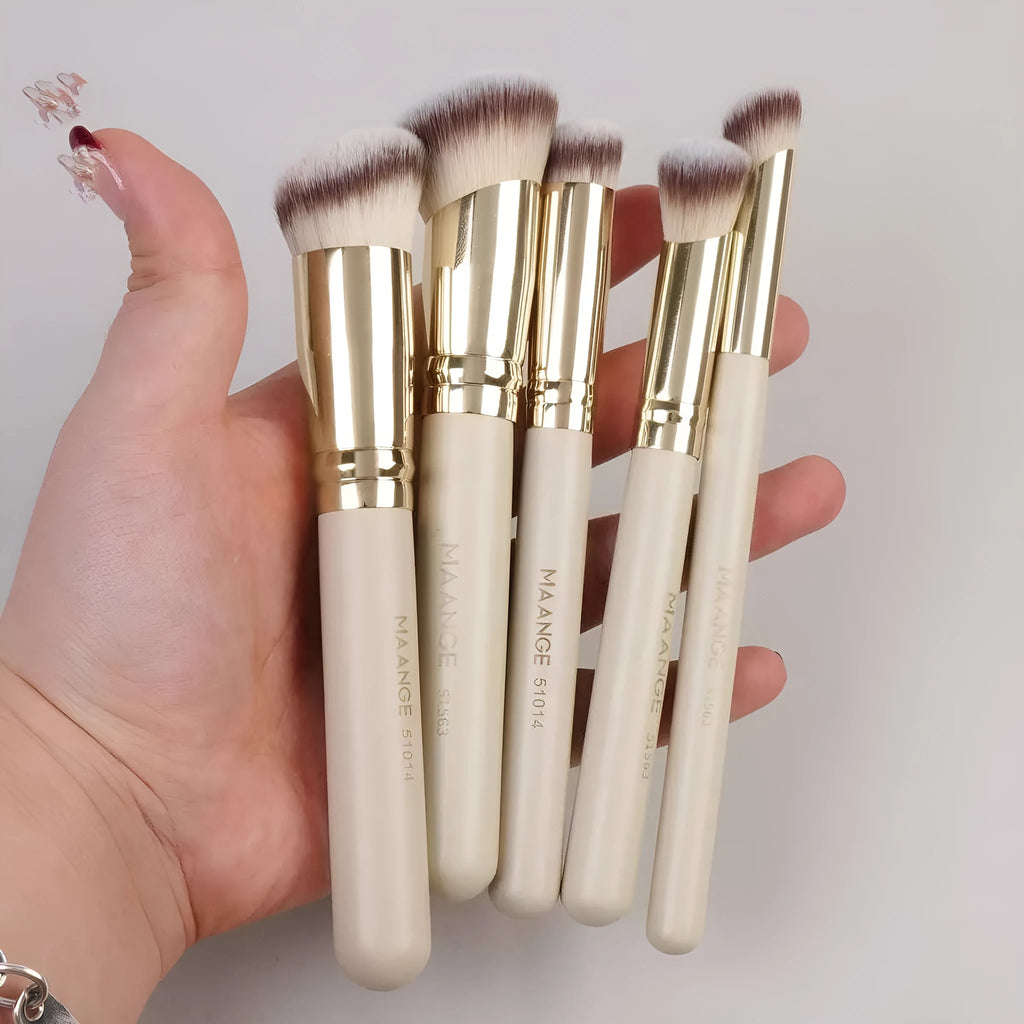 MAANGE set of five apricot-coloured angled kabuki makeup brushes with synthetic bristles.