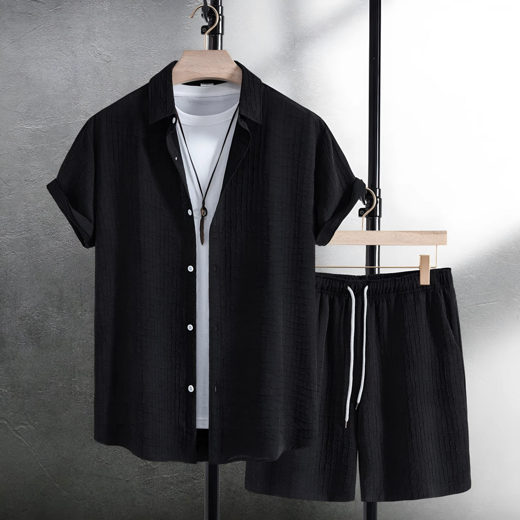Men's black and white jacquard pattern shirt and shorts casual set on hanger