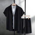 Men's black and white jacquard pattern shirt and shorts casual set on hanger