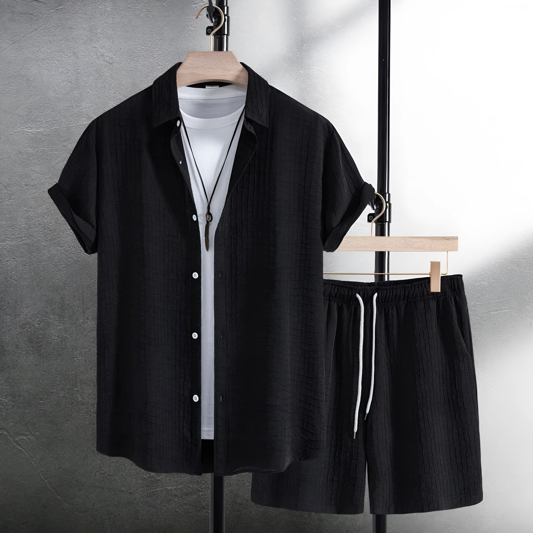 Men's black and white jacquard pattern shirt and shorts casual set on hanger
