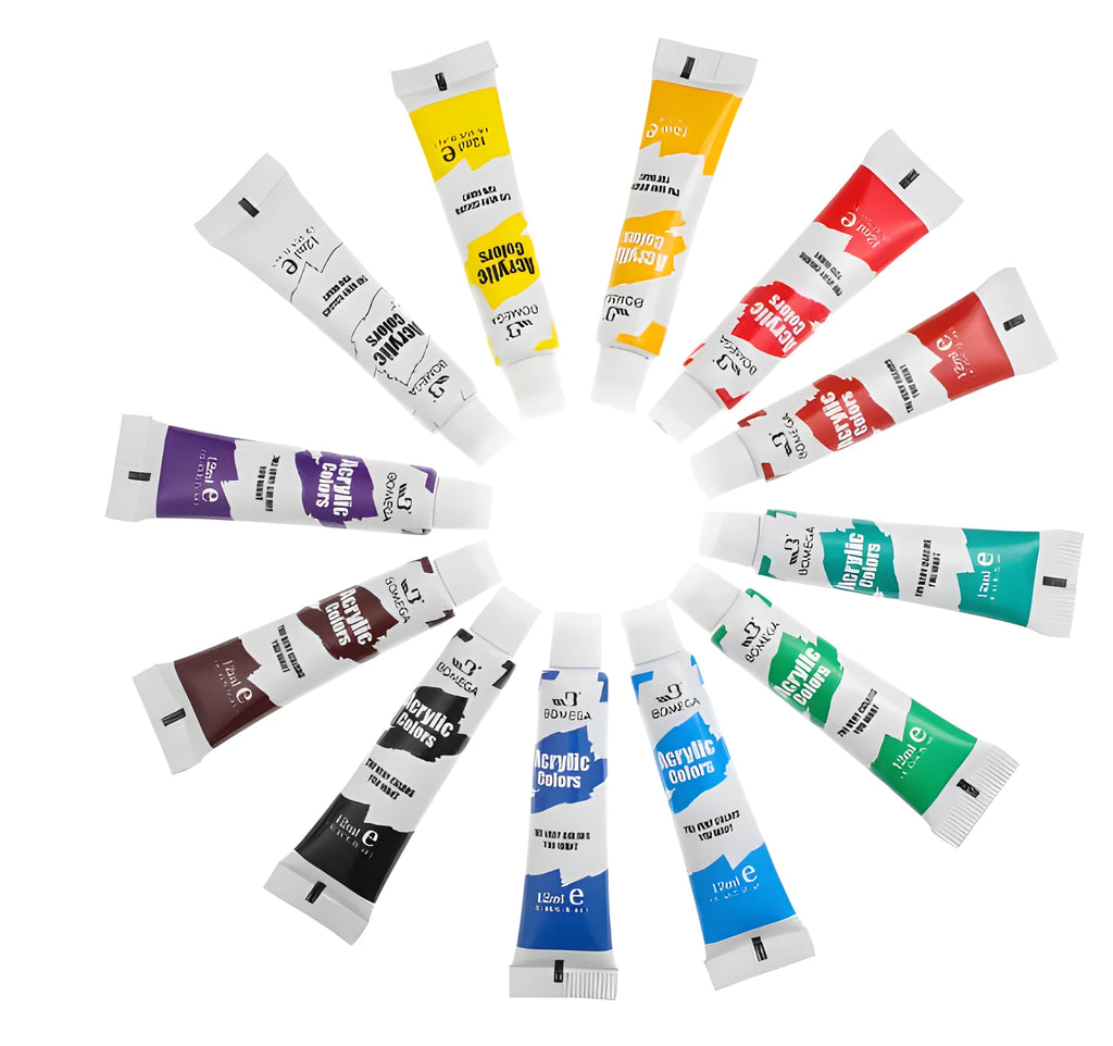 Set of artist paint tubes for acrylic, gouache, watercolour, oil, glass and textile painting in 12 colours.