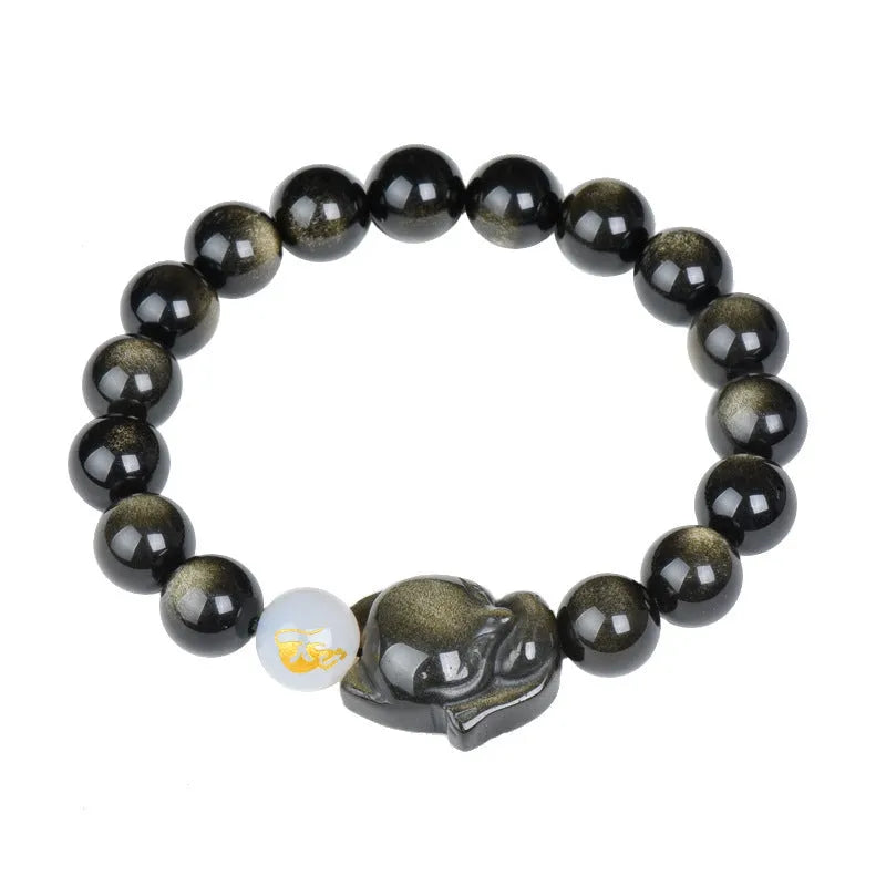 Natural black obsidian bracelet with 10mm beads and zodiac design in gold, silver, or pure stone variations