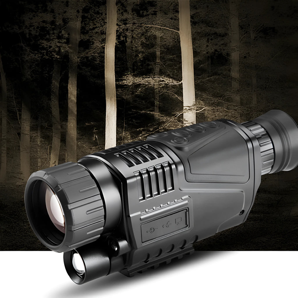 NV300 colour infrared digital night vision telescope with 40mm lens on a table with cables and storage bag.