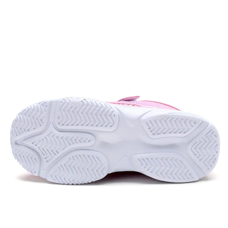Kids soft sole sneakers in pink, purple, or black with faux leather upper, rubber sole, lace-up bandage design, mid heel 3-5cm, sizes 26-37