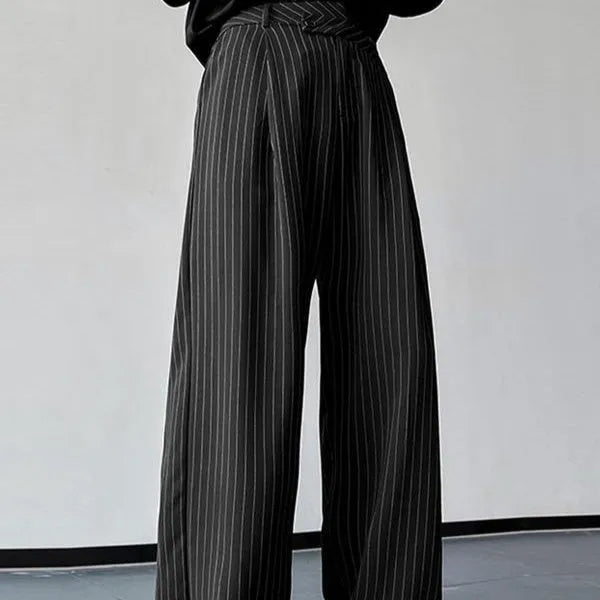 Black men's vertical striped pleated casual trousers showing elastic fabric and rabbit hair bamboo fibre materials