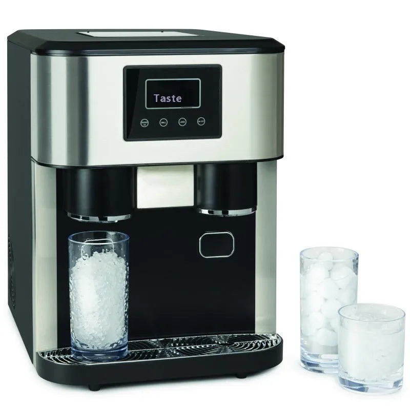 Black desktop ice maker with ice crushing and cold water functions on countertop
