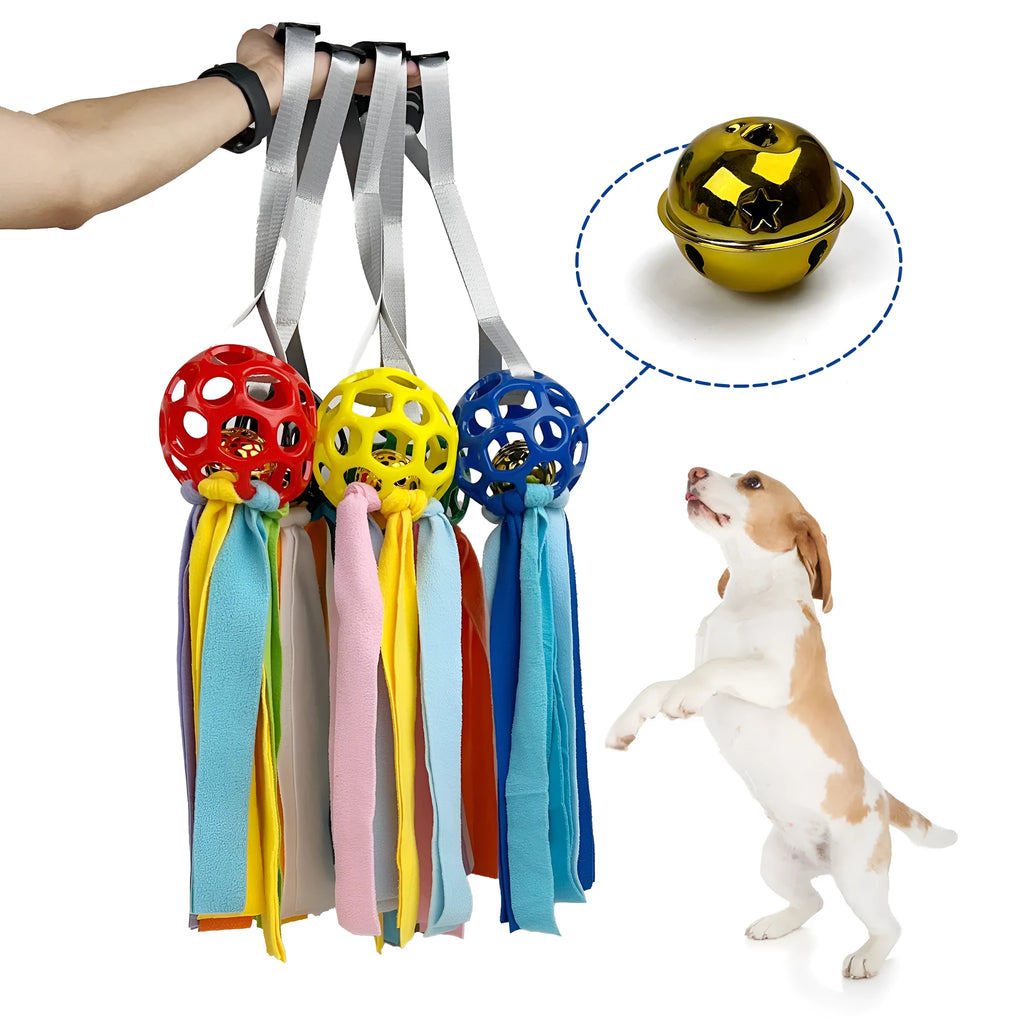 Interactive hollow TPR bell toy ball for dogs and cats in green colour on a surface