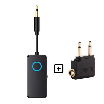 Black Bluetooth 5.4 audio adapter with 3.5mm plug for wireless connection to car stereos and speakers