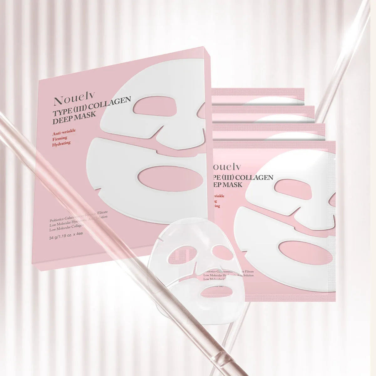 Box containing four collagen layered patch masks for all skin types with 34g net content