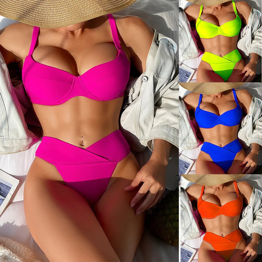 Women's solid colour bikini swimsuit with European American split style briefs design