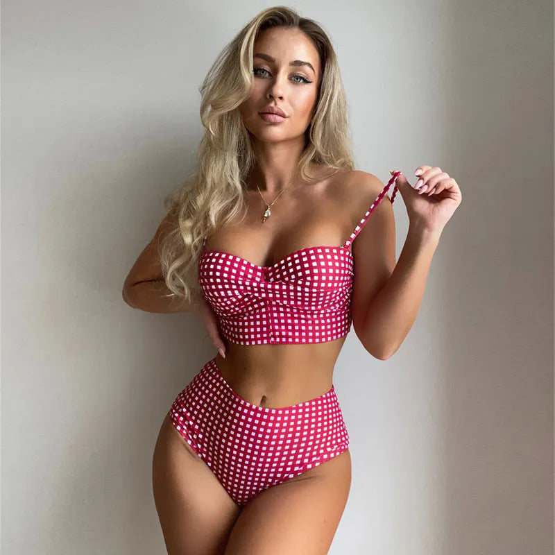 A rose red plaid bikini set showing the high-waisted swim briefs and matching top for women.
