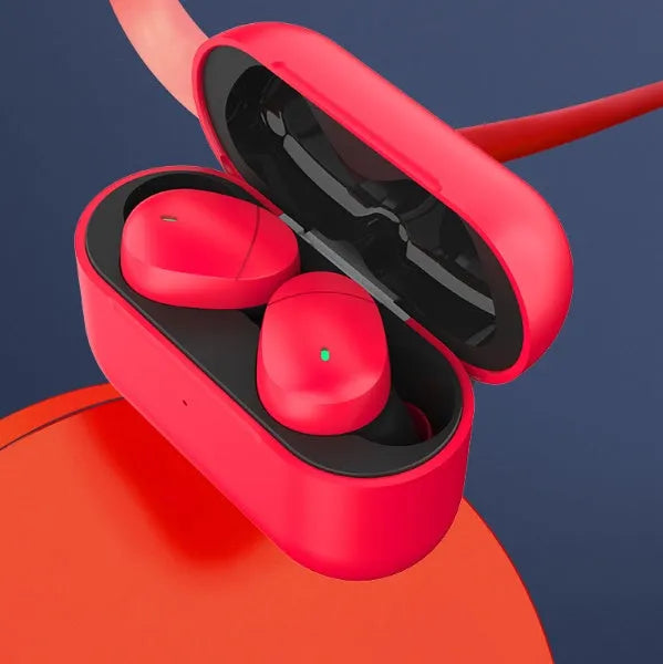 Flame red Qualcomm Bluetooth wireless headset with charging cable