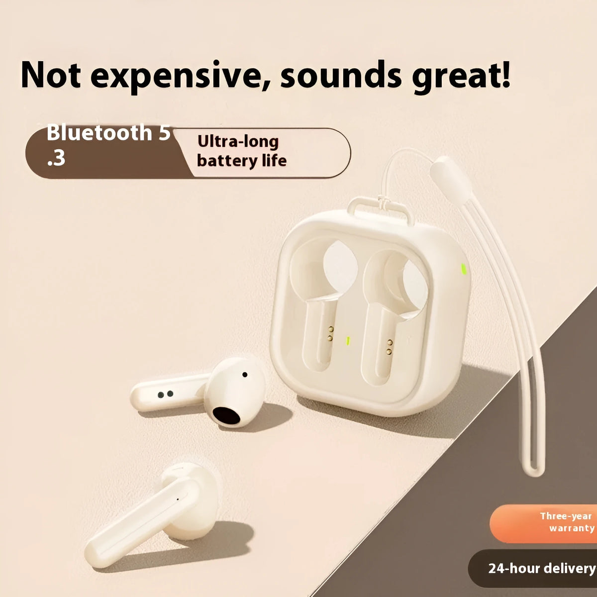 Wireless Bluetooth earbuds with noise reduction, plastic sports earplugs, available in black, white, or skin colour