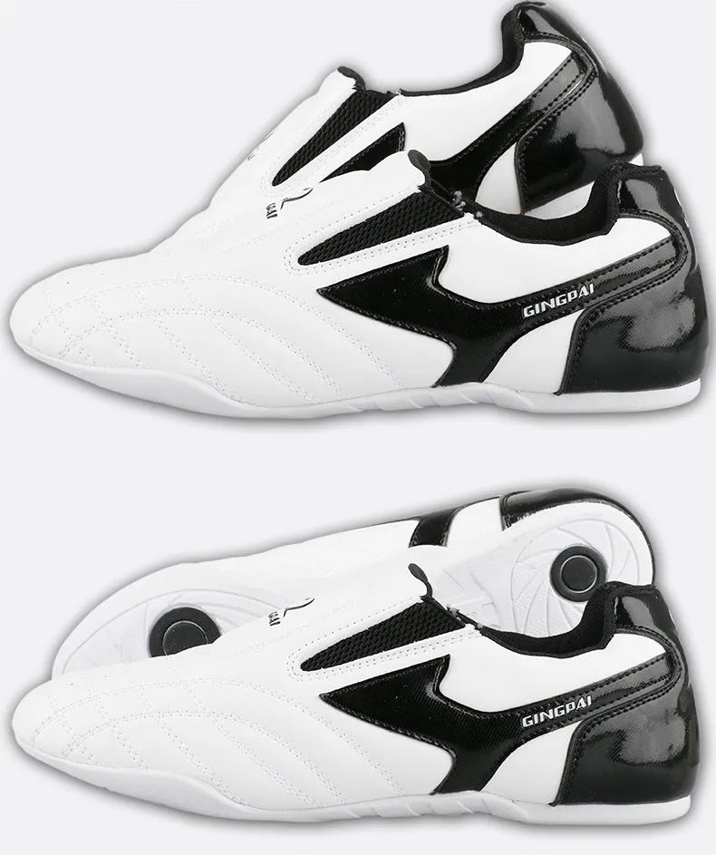 Black and white children's martial arts shoes with soft bottom and widened sole design
